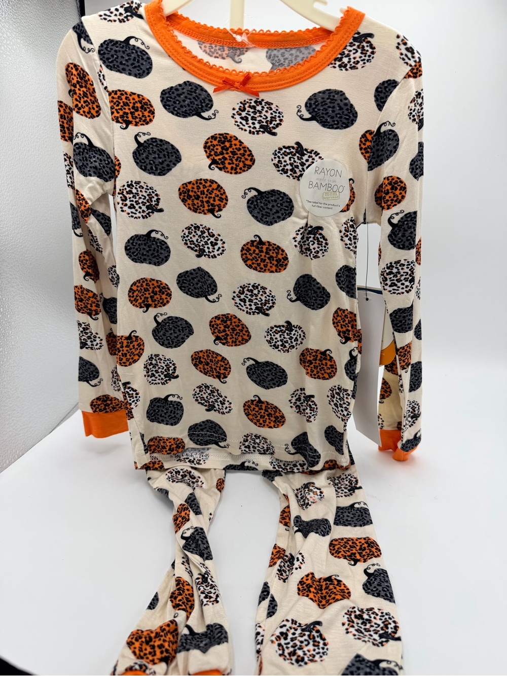 Kids Cream Pumpkin Print Pajama Set with Orange Trim